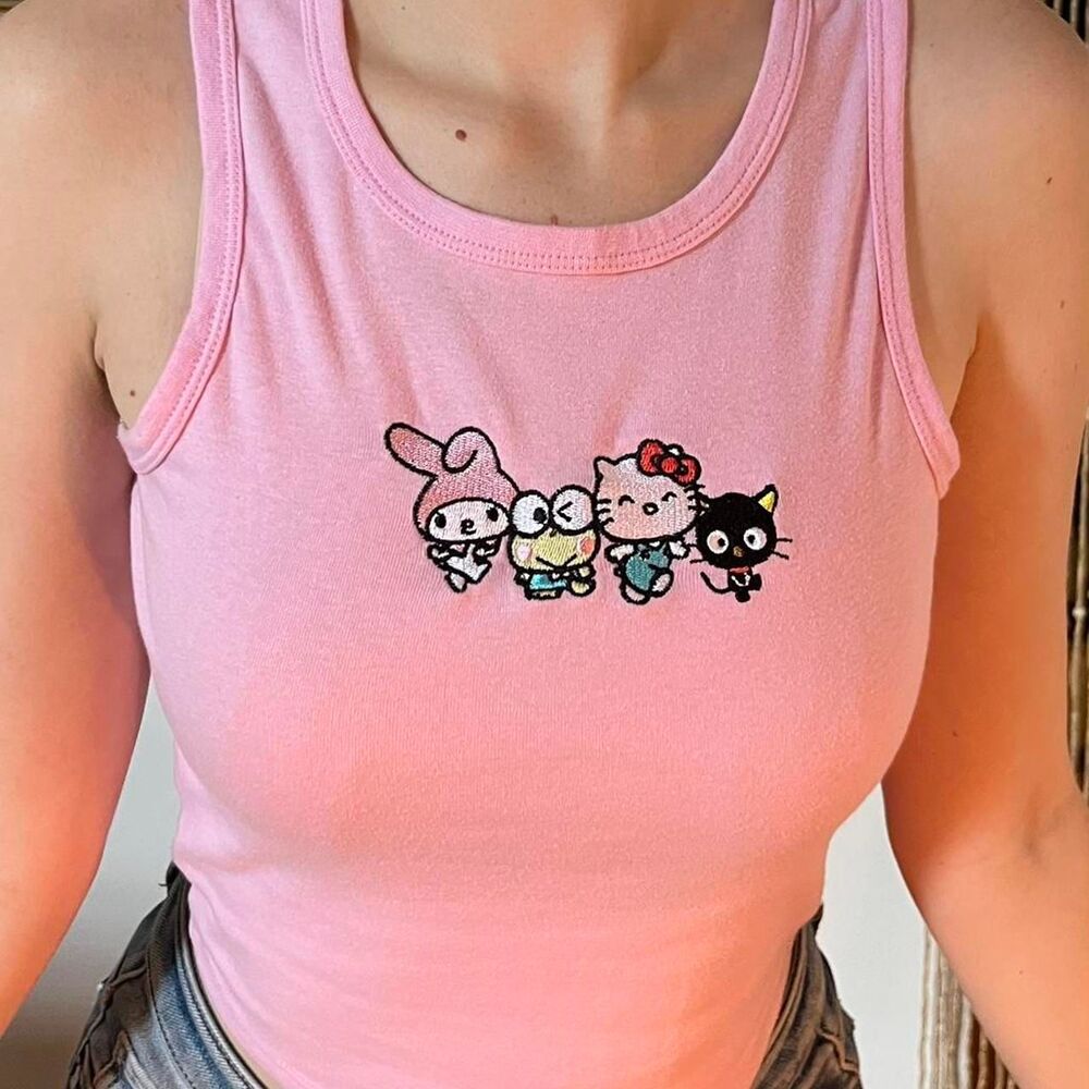 Sanrio Hello Kitty & Friends Embroidered Pink Tank Top Size M Cute Kawaii
